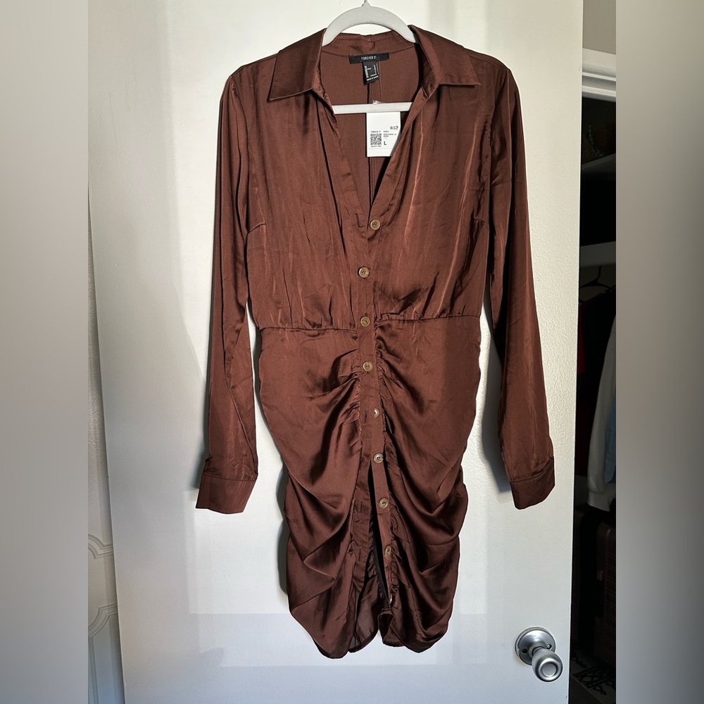 Satin Brown Button-Down ruched Dress